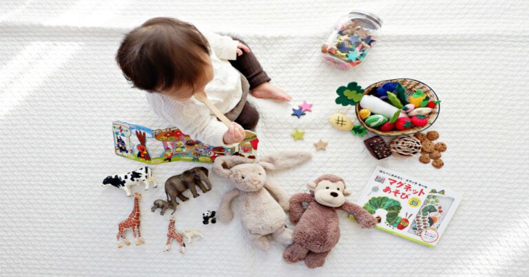 a child with various toys