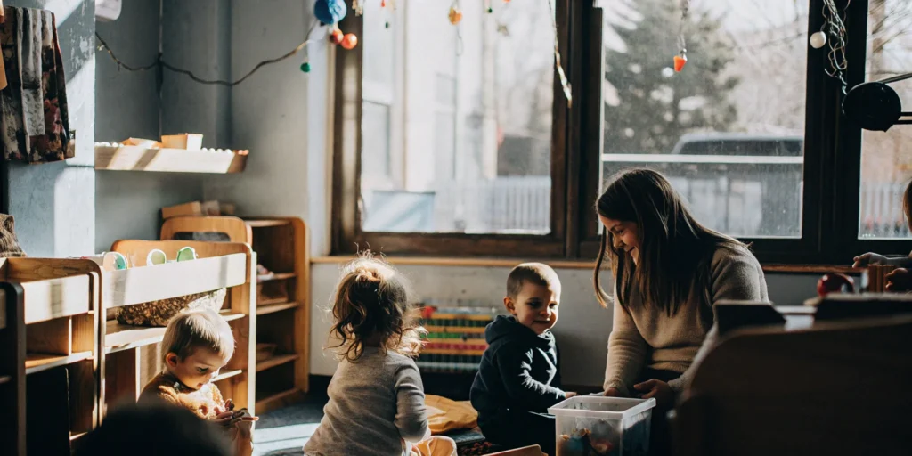Children developing key skills with a teacher during a full day preschool program.