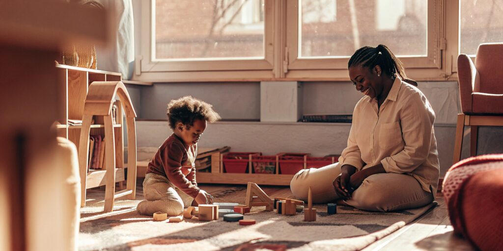 A young child and teacher happily playing with blocks in a full-time daycare.