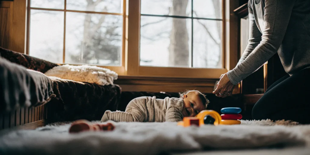An infant safely playing with toys on a soft rug in a quality daycare while a caregiver watches.