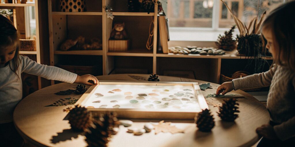 Children exploring natural materials on a light table during a Reggio Emilia preschool lesson.