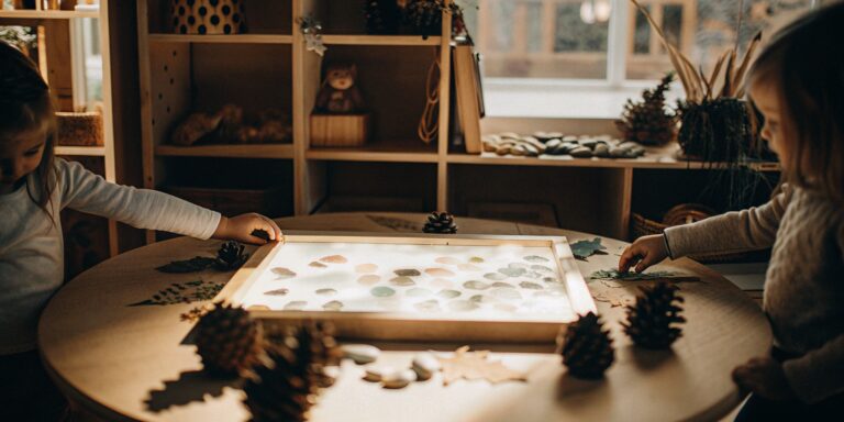 Children exploring natural materials on a light table during a Reggio Emilia preschool lesson.