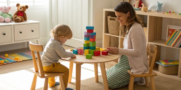 Mother helps her 3-year-old learn through play with blocks at preschool.