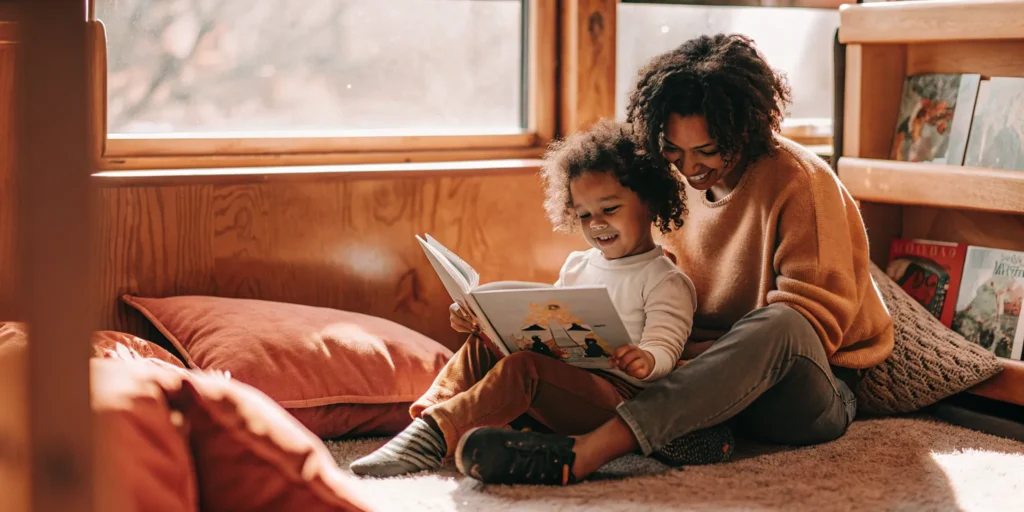 Parent and preschooler reading a book together to support social and emotional learning.