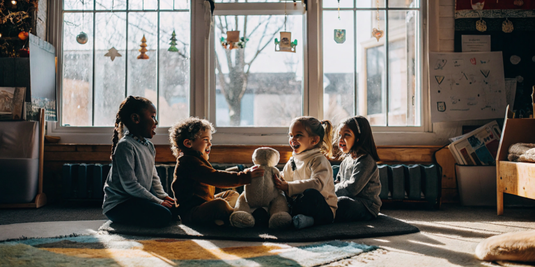 Preschoolers learning the importance of social skills by laughing and sharing a toy together.