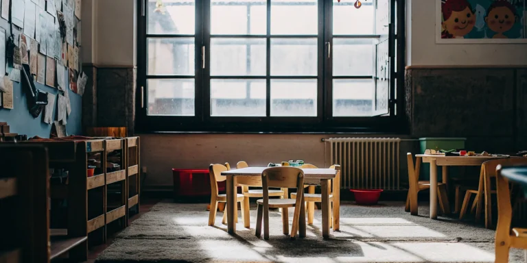 A bright preschool classroom with small tables and chairs set for a full day of learning.