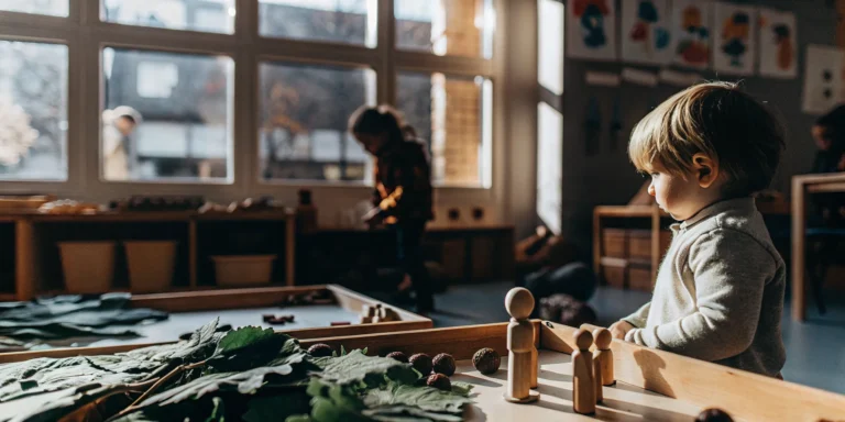 Child exploring natural materials in a sunlit Reggio Emilia preschool classroom.