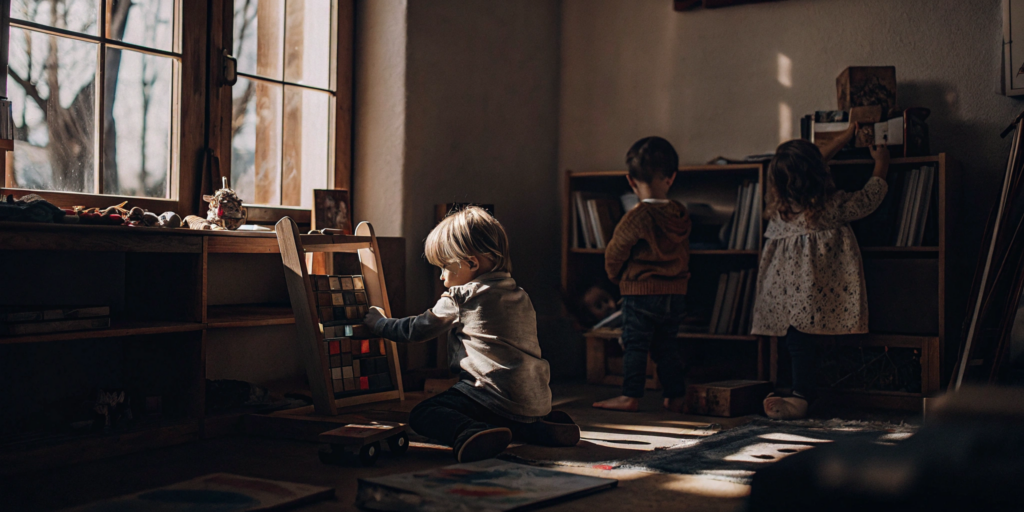 Kindergarteners learn through play-based activities in a classroom.