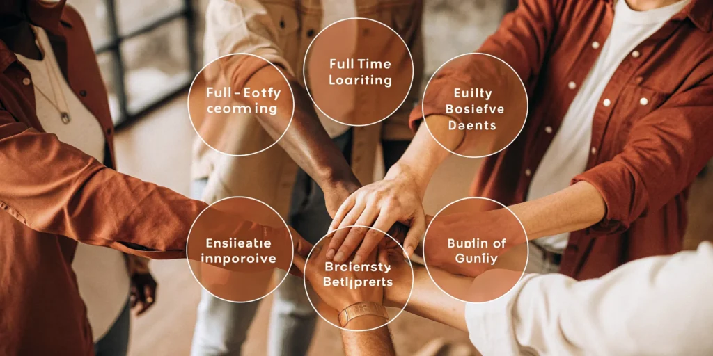 Young children stacking hands, a social benefit of full-time early learning.