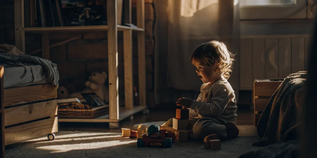 A young child discovering the benefits of child-led learning by playing with wooden blocks.