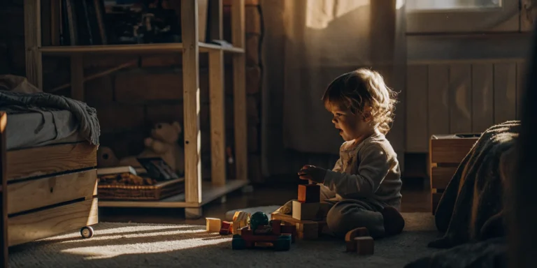 A young child discovering the benefits of child-led learning by playing with wooden blocks.