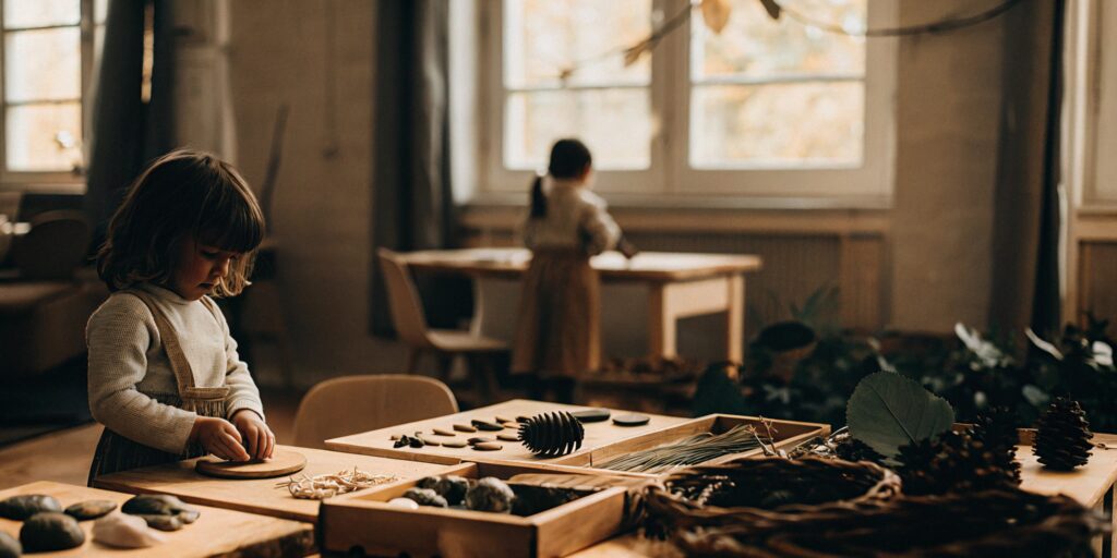 Children exploring natural materials, an example of the Reggio Emilia approach.