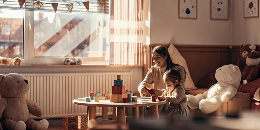 A 2 year old child and a parent build with blocks in a sunny, welcoming preschool classroom.