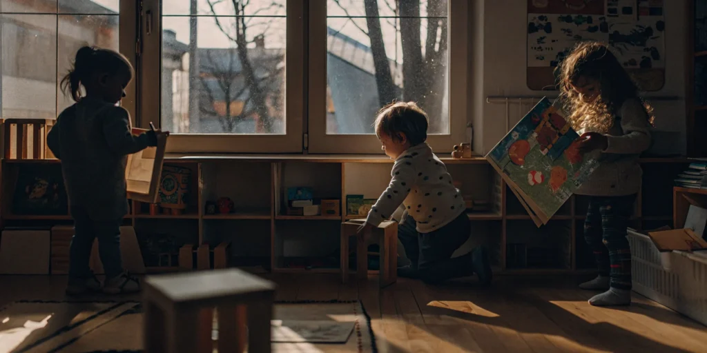 Three 3-year-olds learn key preschool skills like sharing and working together in a classroom.