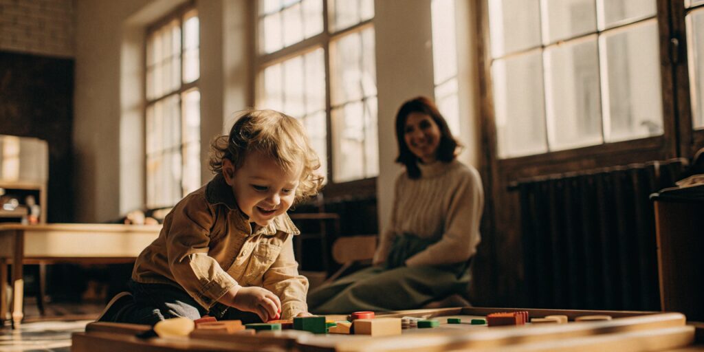 A teacher guides a toddler's learning with educational toys in a daycare classroom.
