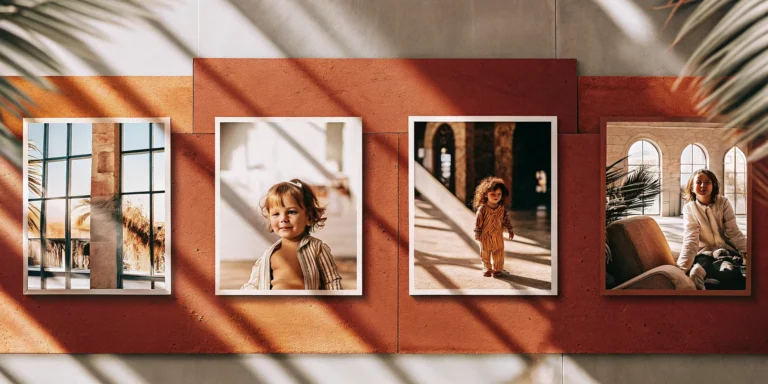 Framed photos of toddlers in a bright classroom for an early learning program.