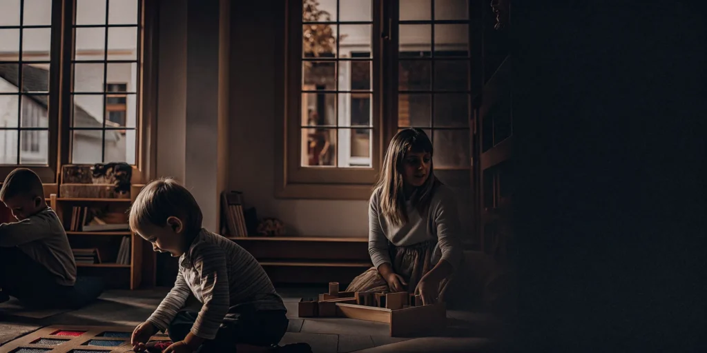 Toddlers and a teacher learning through play at a daycare for 2-year-olds.