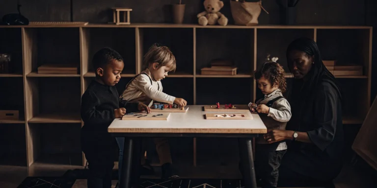 A child learning foundational skills in a childcare kindergarten readiness program.