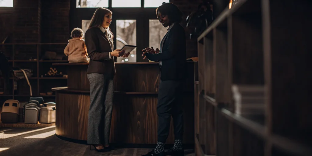 A parent discusses options with staff at a Bridgeport, CT childcare center.