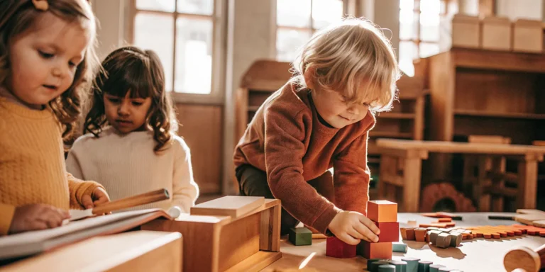 Children in a child-led learning program build skills and curiosity with blocks and books.