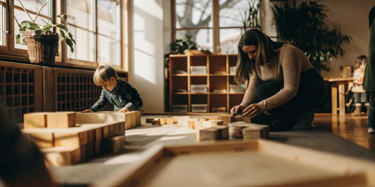 Teacher guiding a child's discovery and play in a child-centered preschool program.