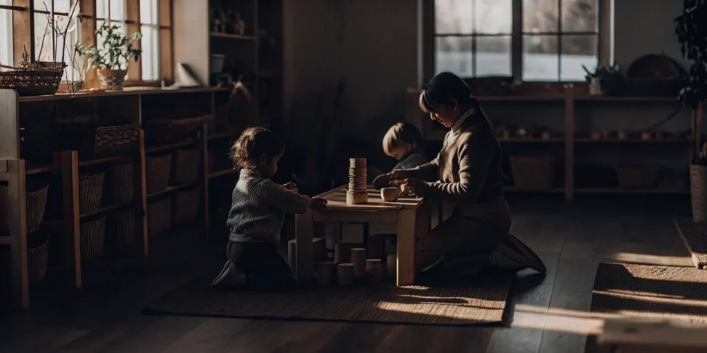 Young children and a teacher exploring a play-based activity at an early child care center.