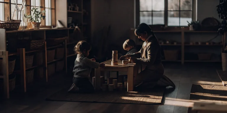 Young children and a teacher exploring a play-based activity at an early child care center.