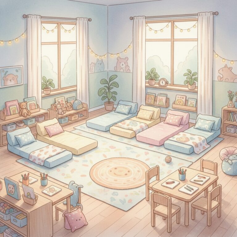 Toddlers during nap and quiet time at a daycare classroom with natural light and cozy rest mats