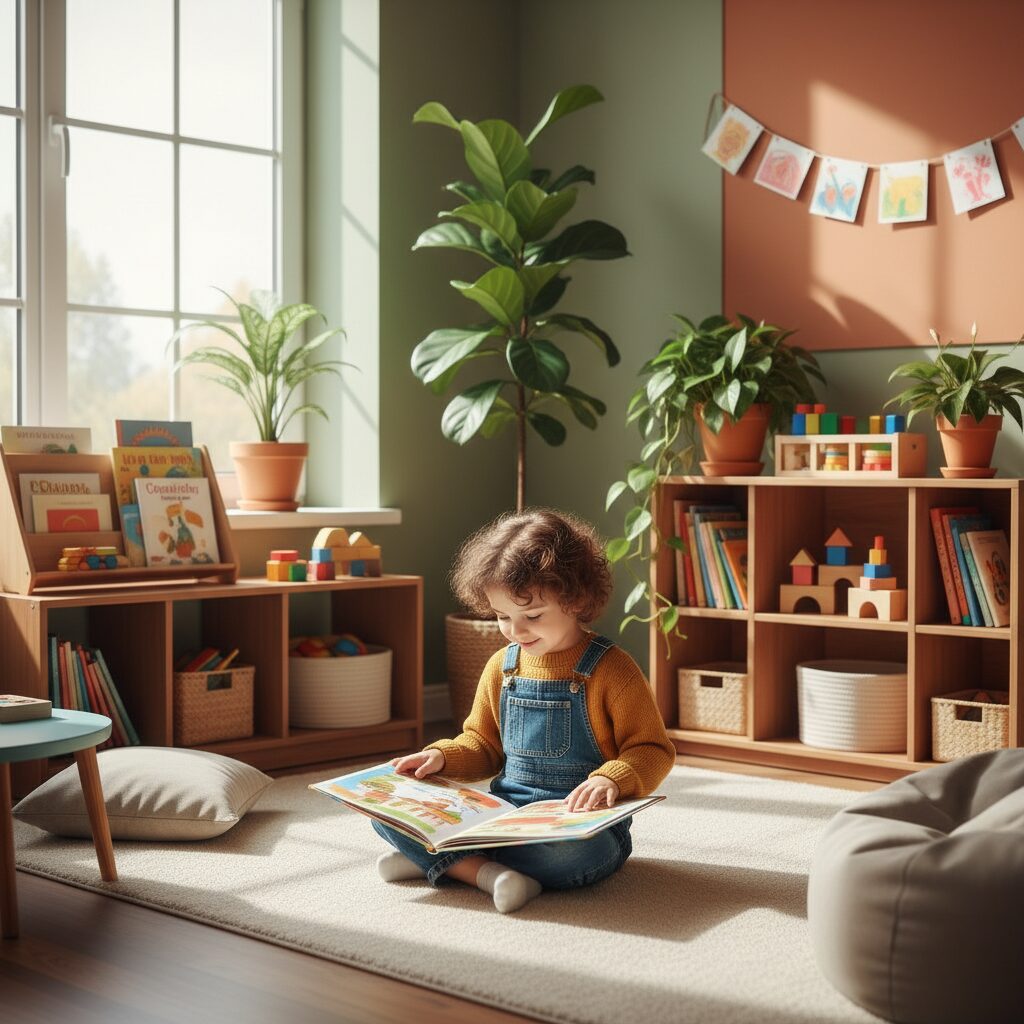 Preschooler enjoying quiet time with a picture book as an alternative to napping at daycare