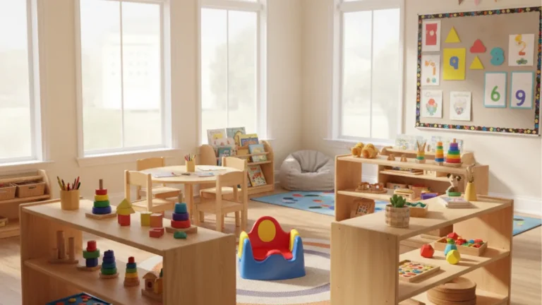 Toddler potty chair in a bright early childhood classroom representing when to start potty training