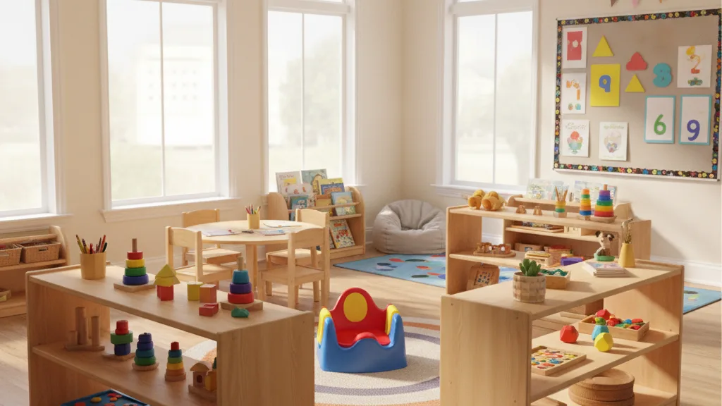 Toddler potty chair in a bright early childhood classroom representing when to start potty training