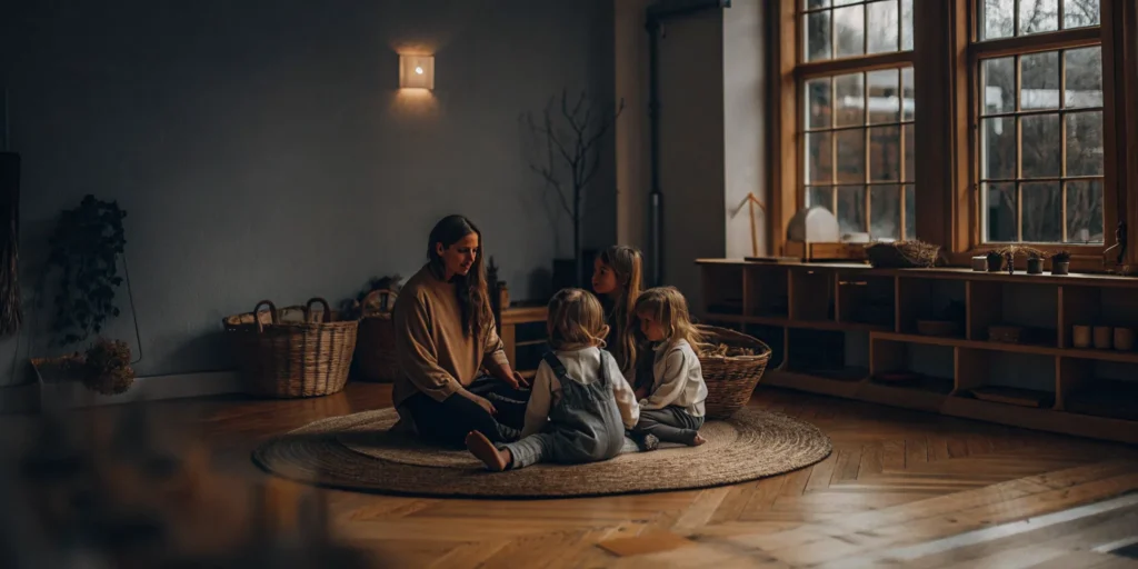 A teacher using a social-emotional curriculum with children in a childcare setting.