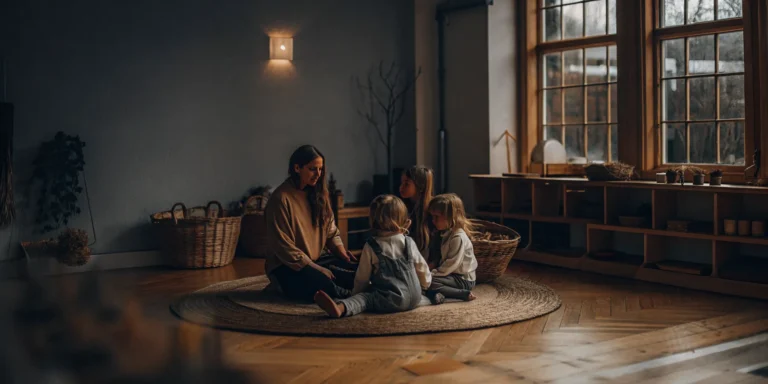 A teacher using a social-emotional curriculum with children in a childcare setting.
