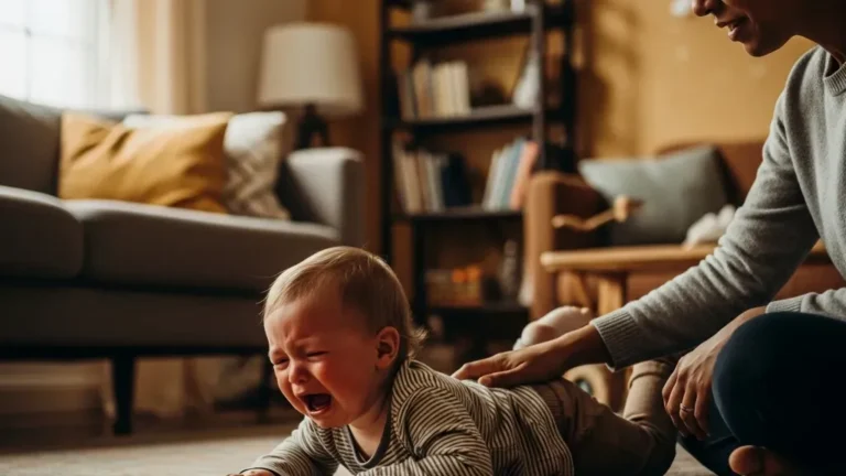 15-month-old toddler crying during a tantrum while parent calmly sits nearby