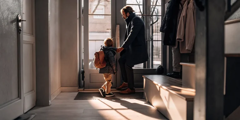 Young child and father getting ready for early morning child care.