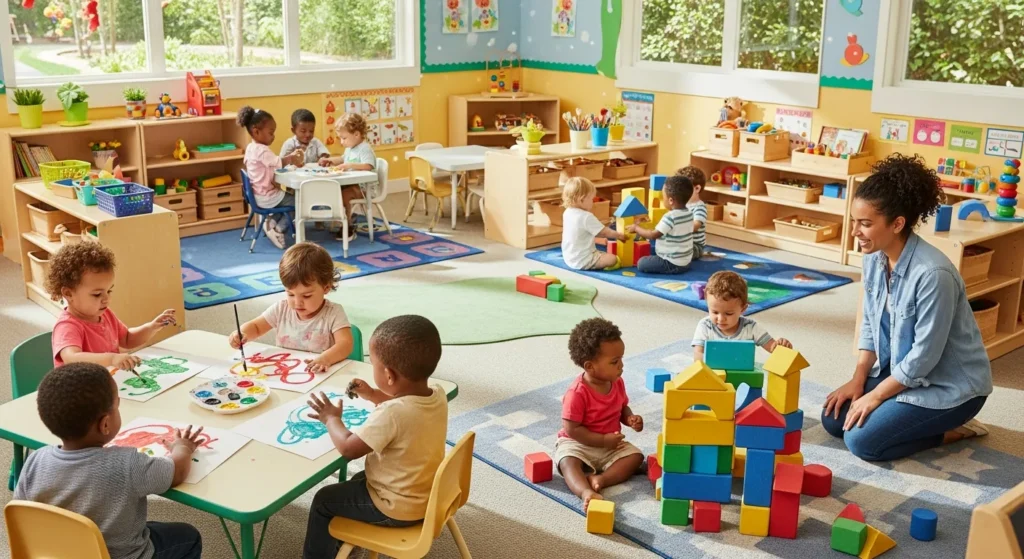 Young children exploring and learning in a bright early childhood education classroom