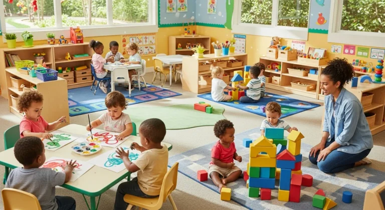 Young children exploring and learning in a bright early childhood education classroom