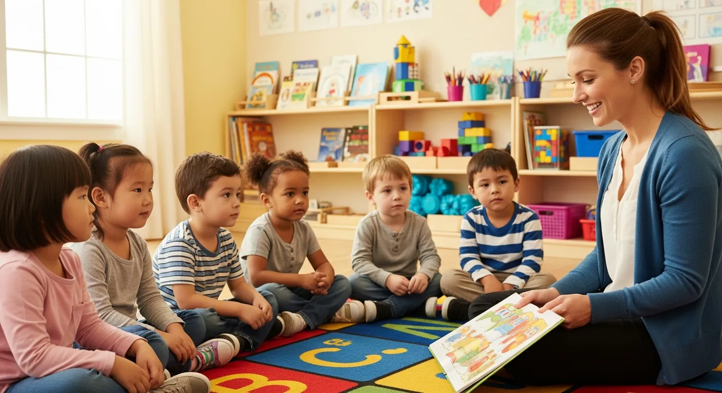 Diverse group of preschool children learning together in a bright, welcoming classroom setting