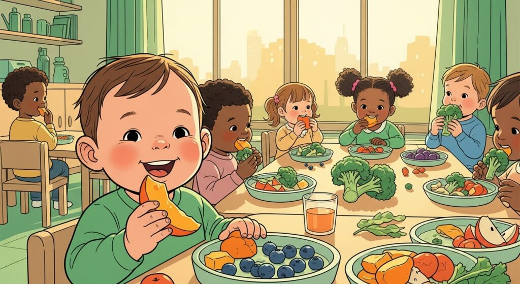 Toddler eating colorful fruits and vegetables at daycare to boost immune system