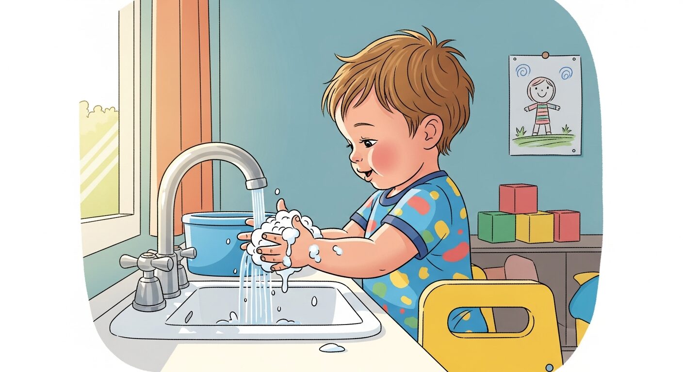 Toddler washing hands with soap at child-height sink in daycare