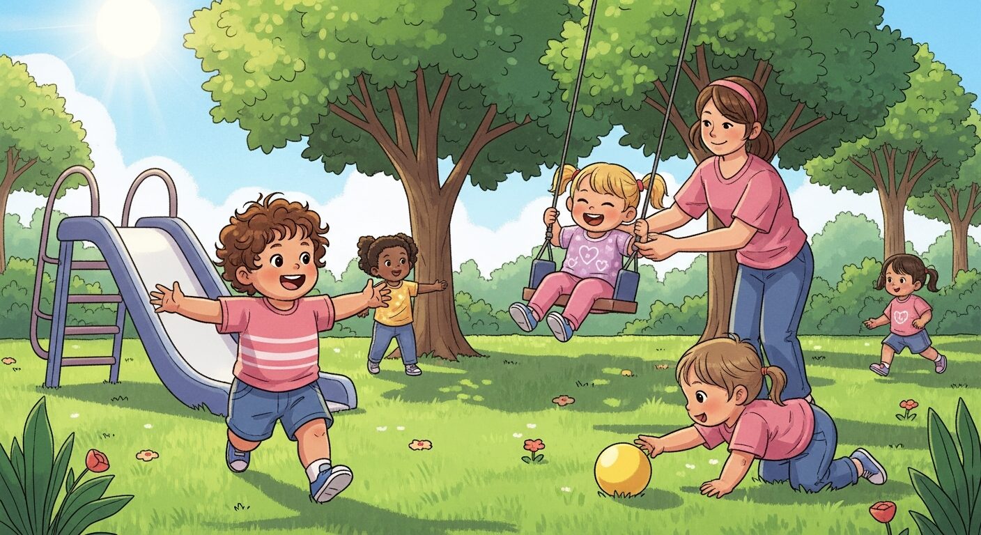 Toddlers playing outdoors on daycare playground with sunshine