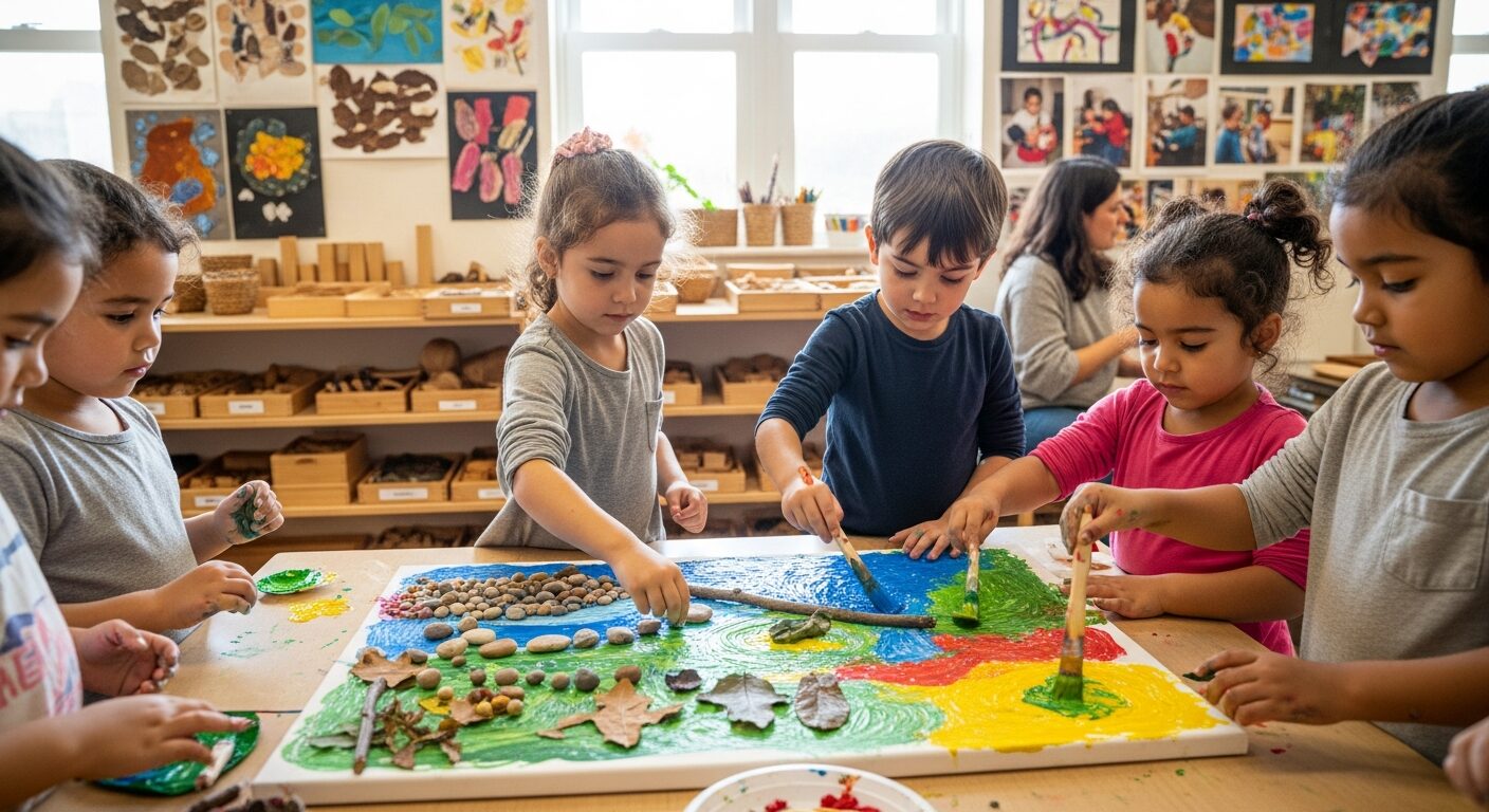 Young children collaborating on a hands-on art project in a Reggio Emilia-inspired classroom