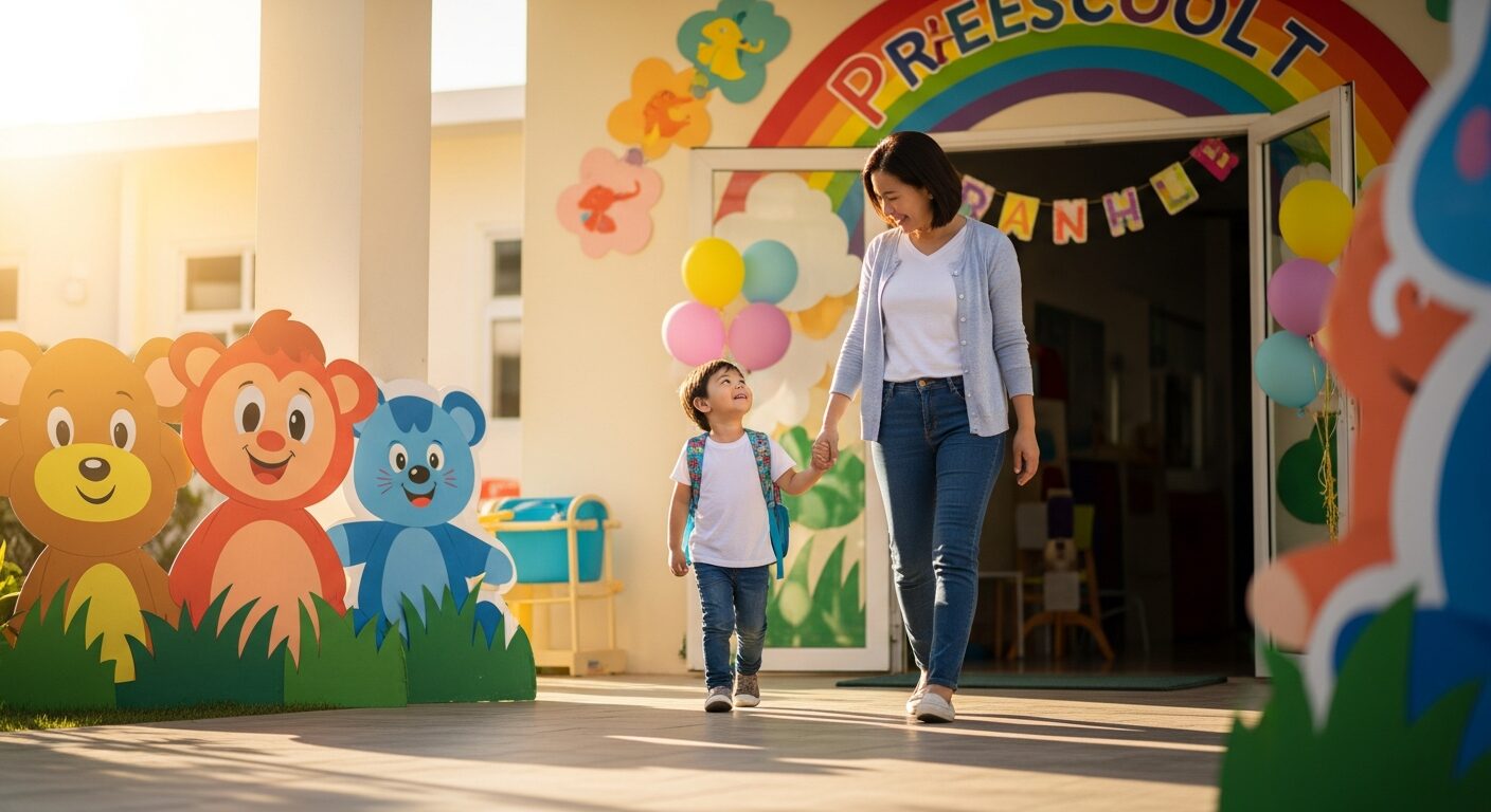 Parent and child walking into a welcoming preschool entrance