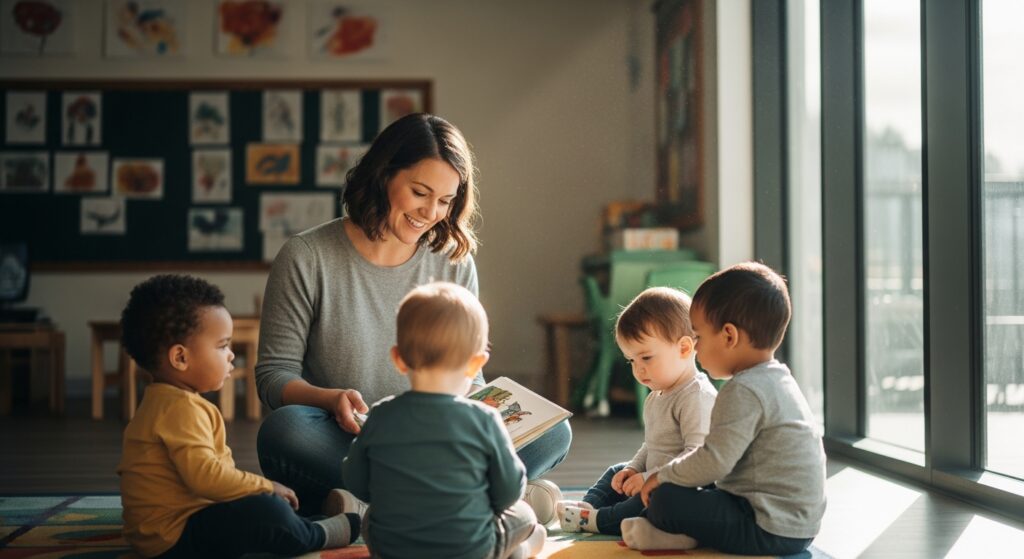 A daycare teacher reading to a small group of toddlers in a bright classroom, demonstrating ideal teacher-to-child ratios