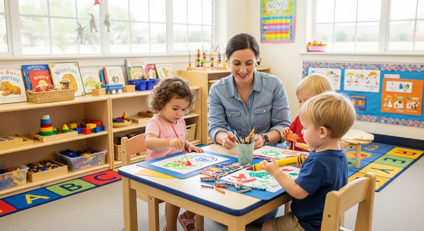 Teacher helping toddlers with an art activity in a daycare classroom with low teacher-to-child ratio