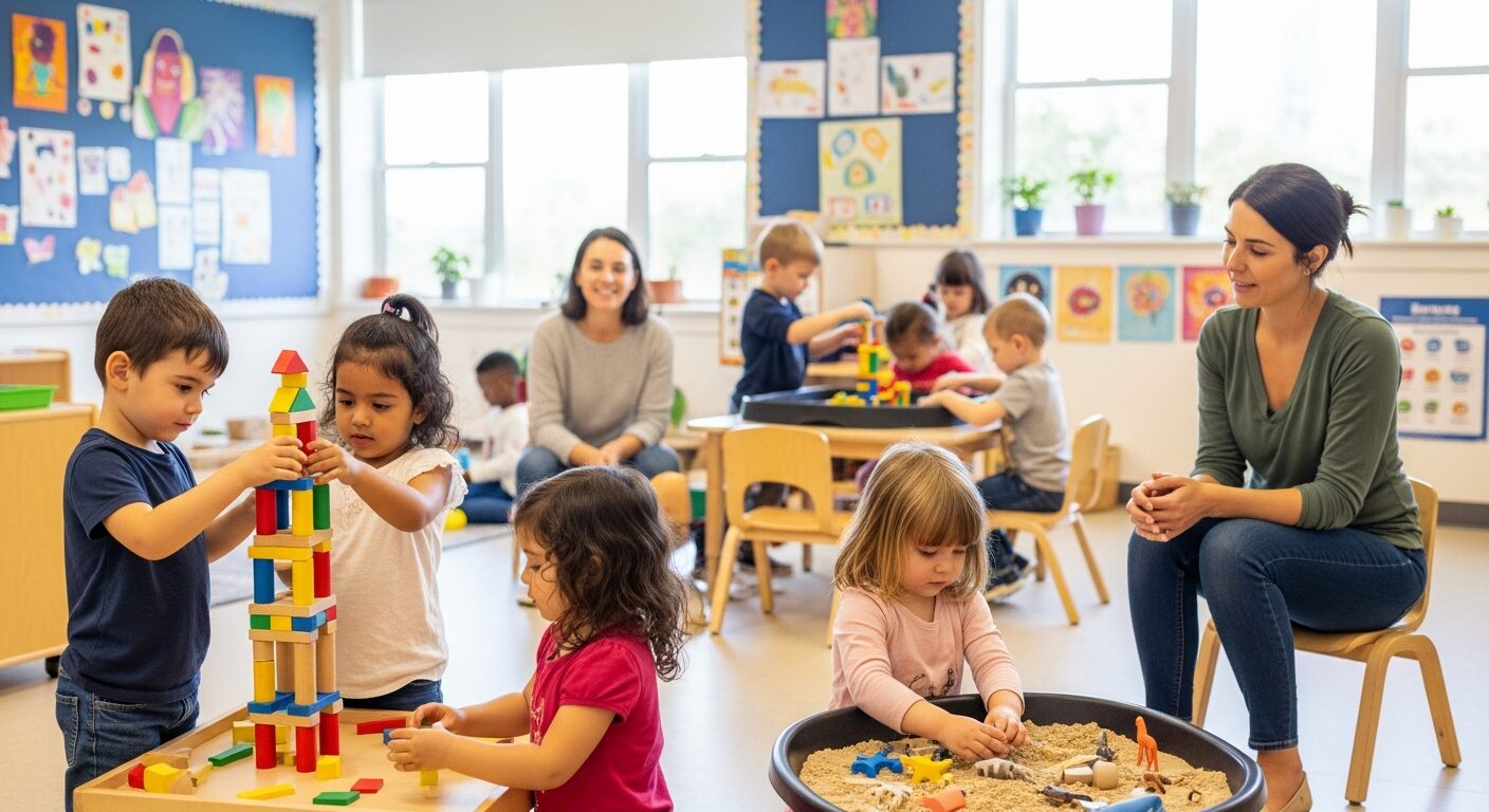 Preschool children engaged in hands-on learning activities with attentive teacher supervision in a daycare setting