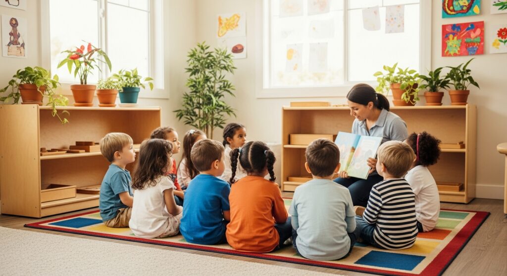 Young children in a bright classroom during circle time with a teacher reading a story - daycare vs preschool comparison