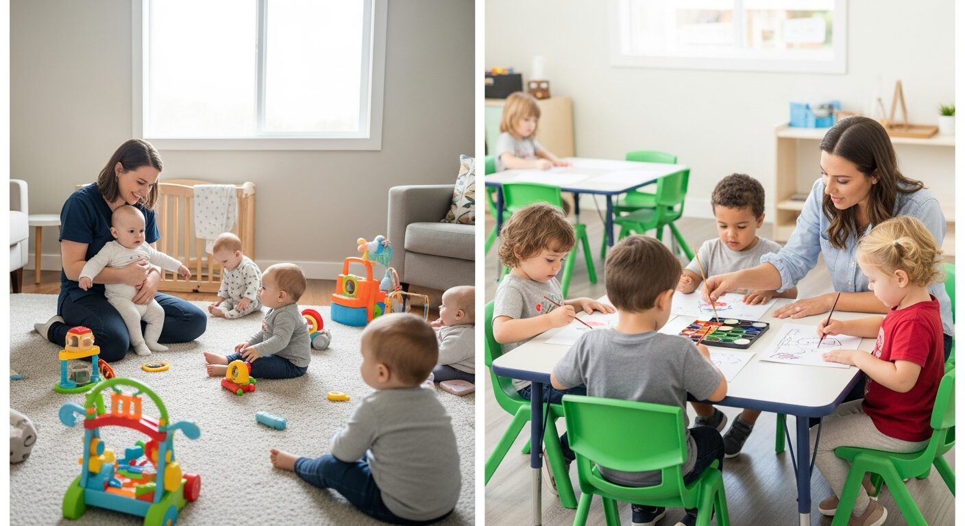 Side-by-side comparison of daycare with infants playing and preschool classroom with children doing art activities
