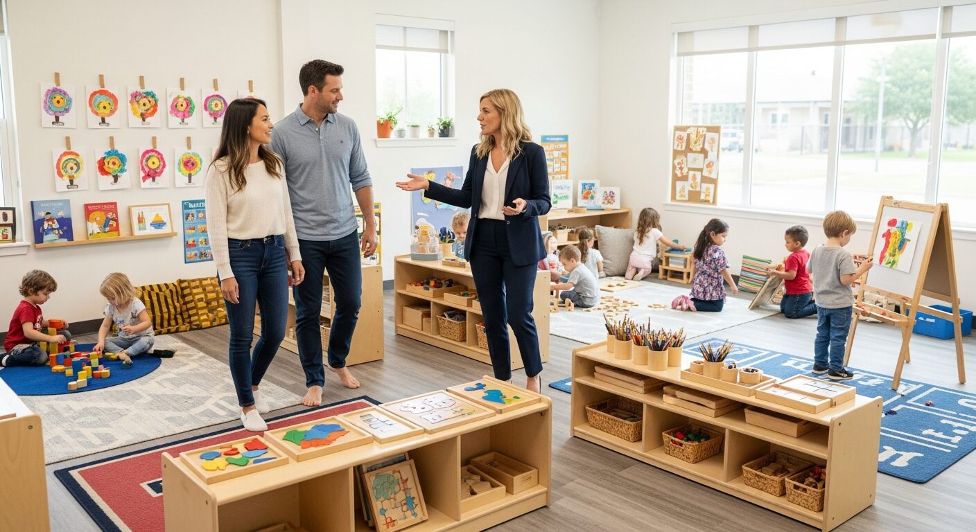 Parents touring a modern early childhood education center with a program director
