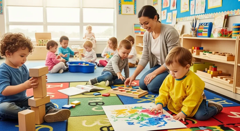 Toddlers engaging in early childhood education activities in a bright preschool classroom